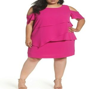 Tahari Asymmetrical Tier Cold Shoulder Shift Dress